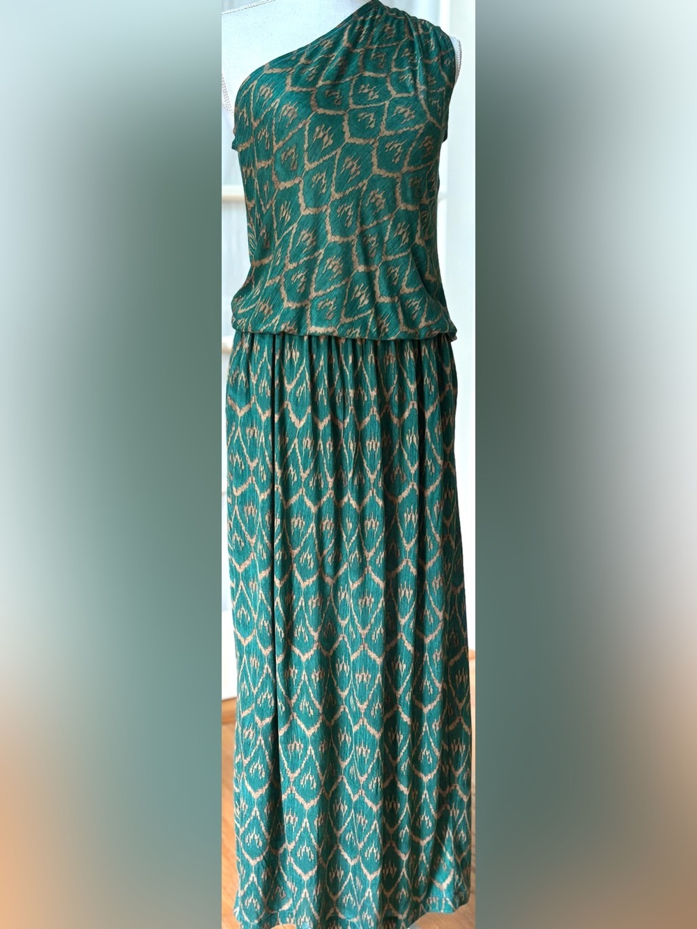 Rachel Roy One Shoulder Maxi Dress Green Ikat Print Modal Boho S